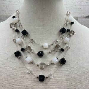 Beautiful Unsigned Floating Black White Glass Beads Silver Tone Necklace